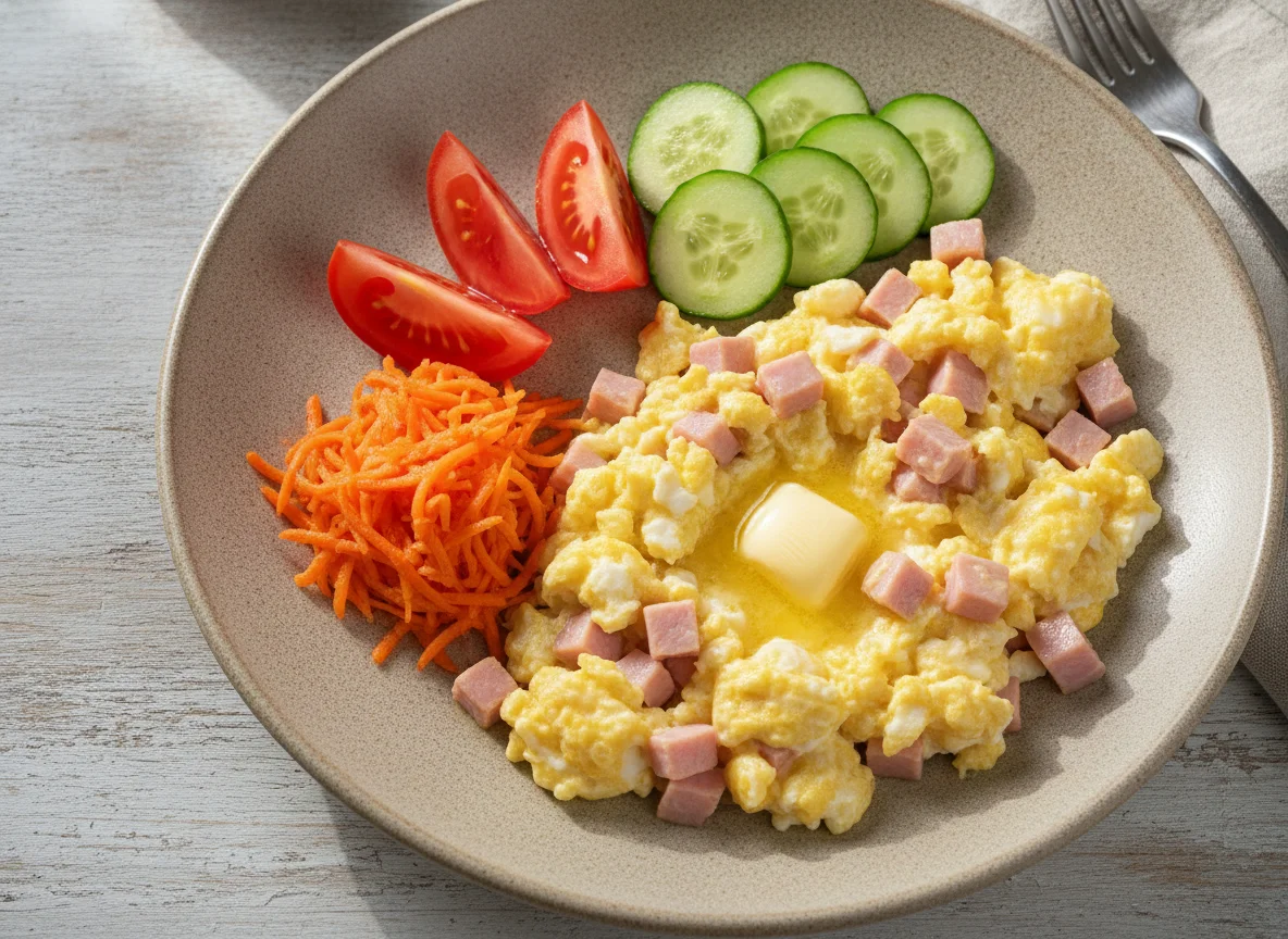 Яичница-болтунья с ветчиной и овощами photo