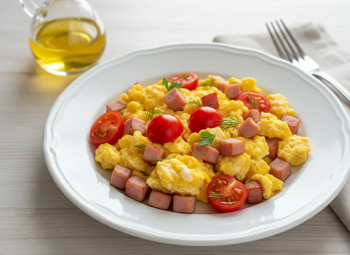 Яичница-болтунья с ветчиной и помидорами photo