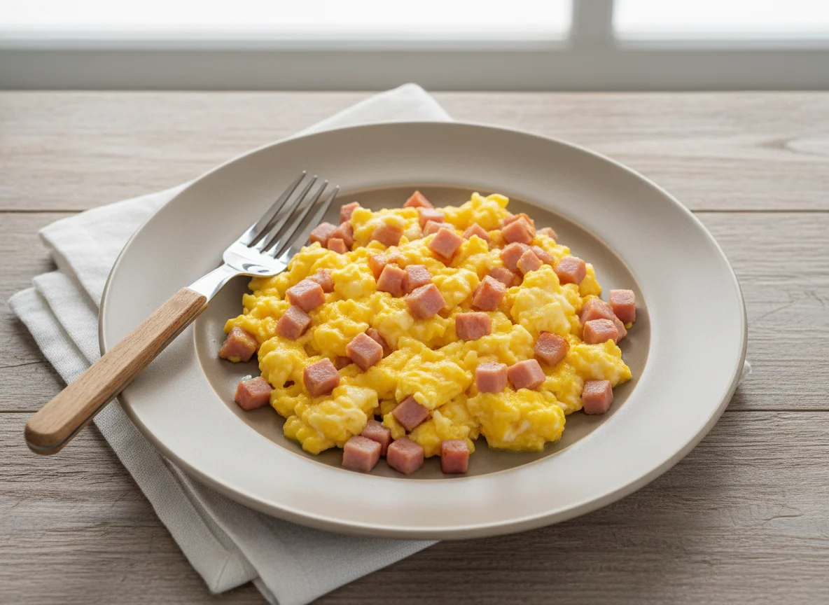 Яичница-болтунья с ветчиной photo