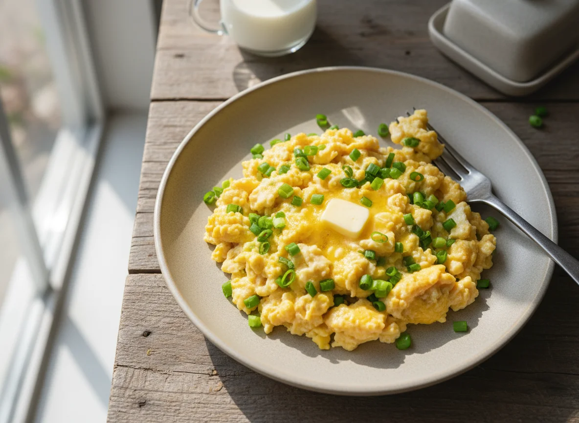 Яичница-болтунья с зеленью photo