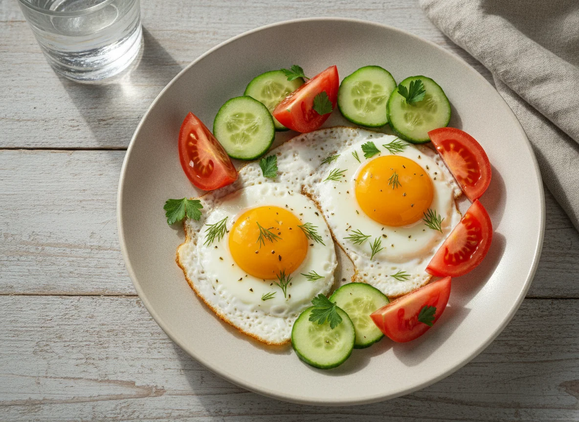 Яичница-глазунья с овощами photo
