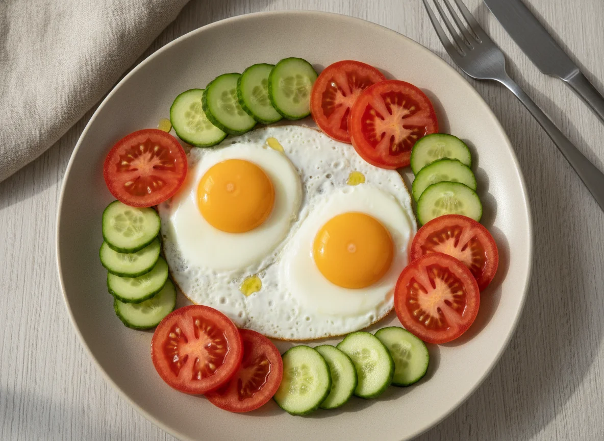 Яичница-глазунья с помидорами и огурцами photo