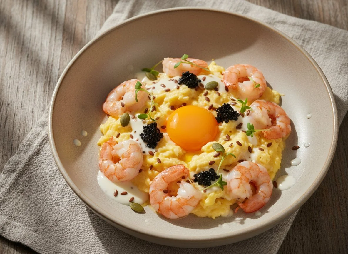 Яичница-скрэмбл с креветками и икрой photo