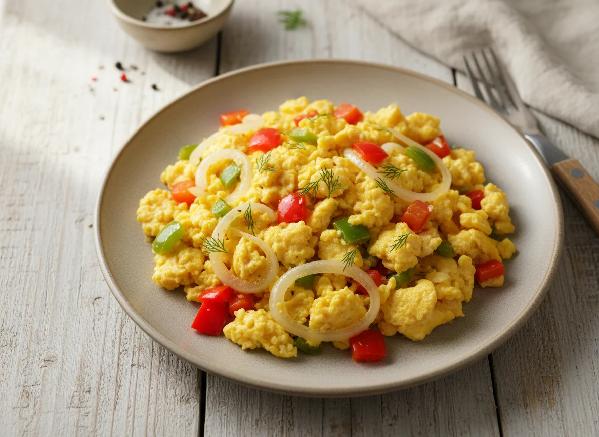 Яичница-скрэмбл с овощами photo