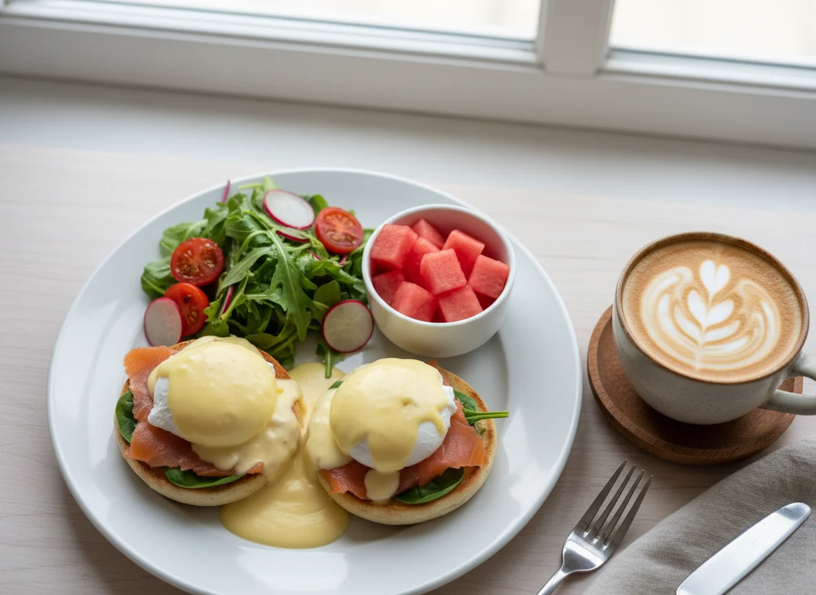 Яйца Бенедикт с лососем и гарниром photo