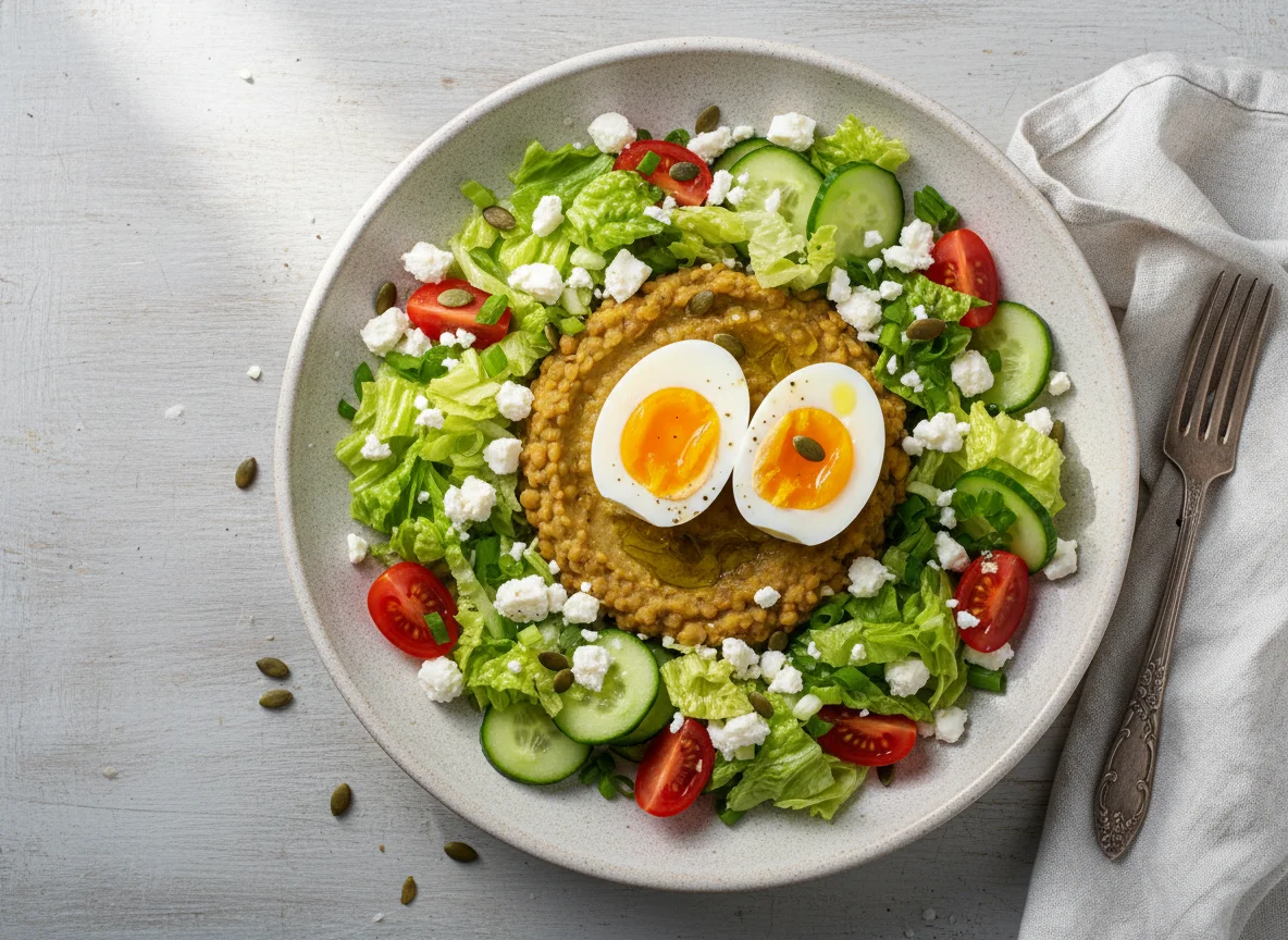 Яйца, чечевица и салат с фетой photo