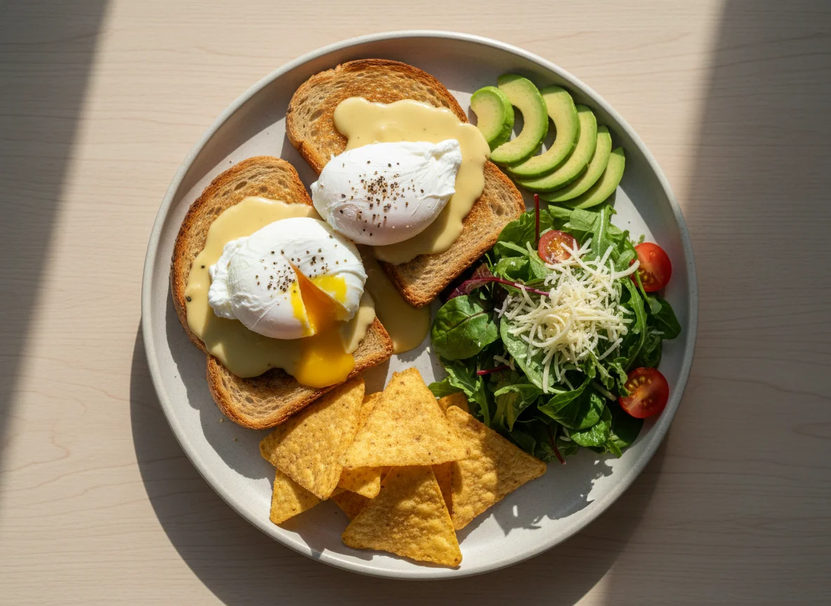 Яйца пашот с авокадо на тосте, салат и начос photo