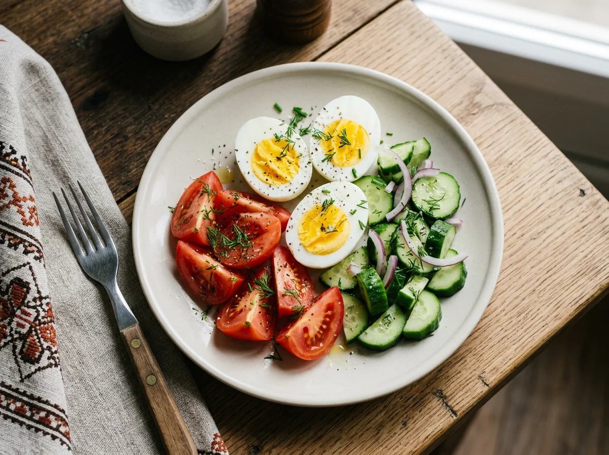 Яйца, помидоры и огурцы photo