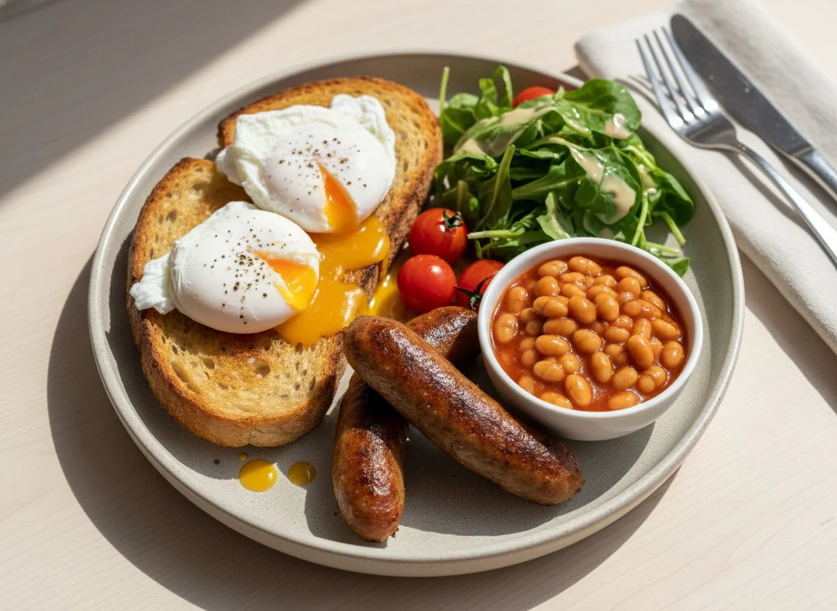 Английский завтрак с яйцами пашот и колбасками photo