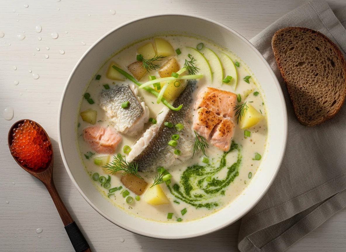 Ароматный сливочный бульон с судаком и лососем photo