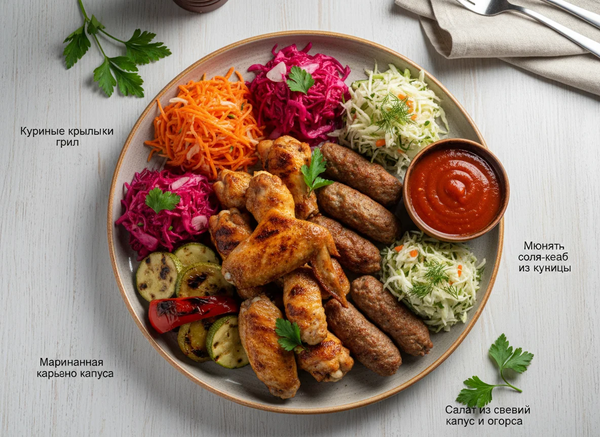 Ассорти гриль с овощами и соусом photo