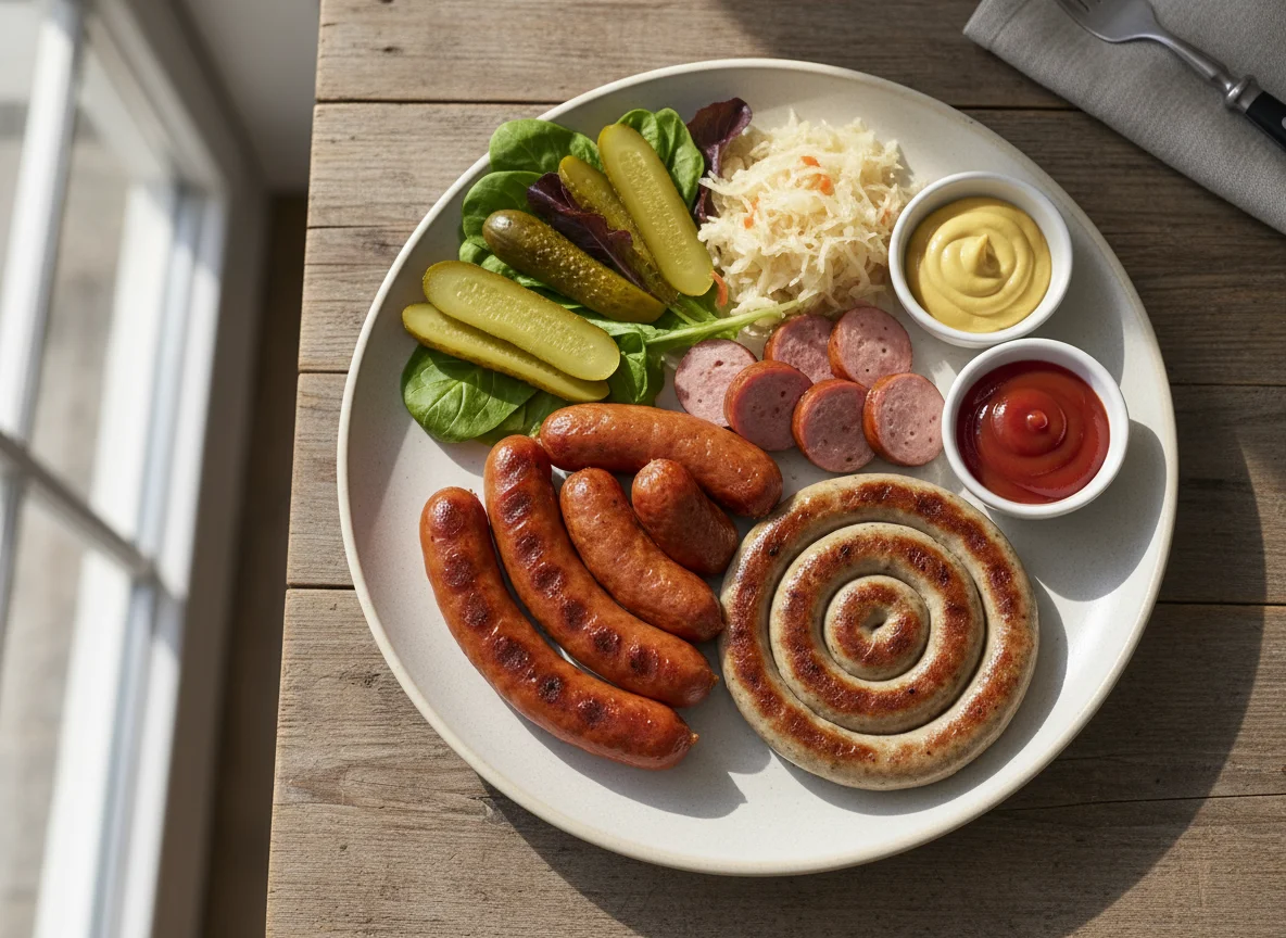 Ассорти из колбасок с гарниром и соусами photo