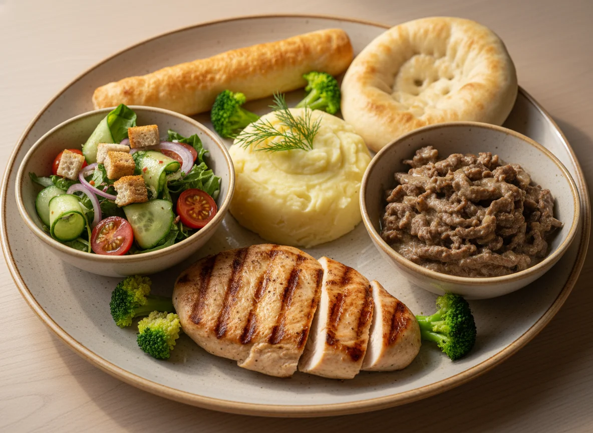 Ассорти из курицы, салата и пюре photo