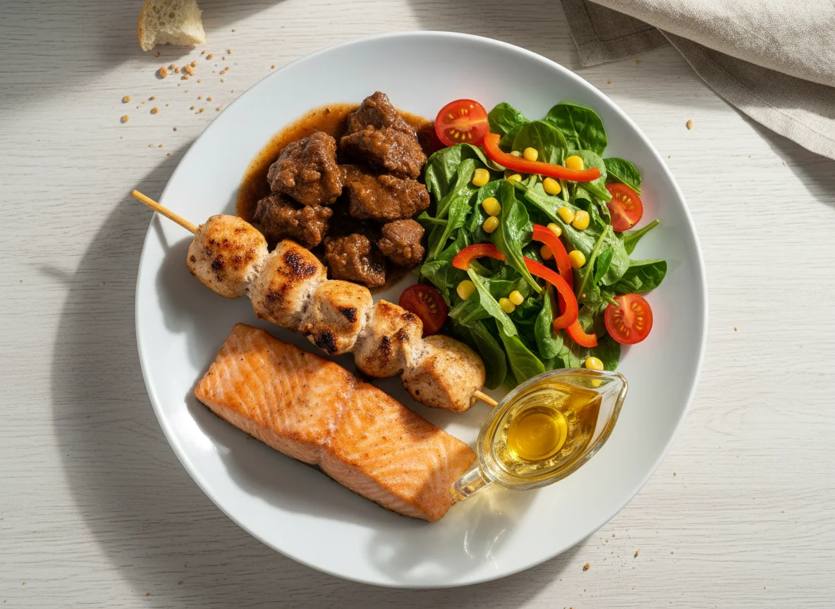 Ассорти из мяса и рыбы с гарниром и салатом photo