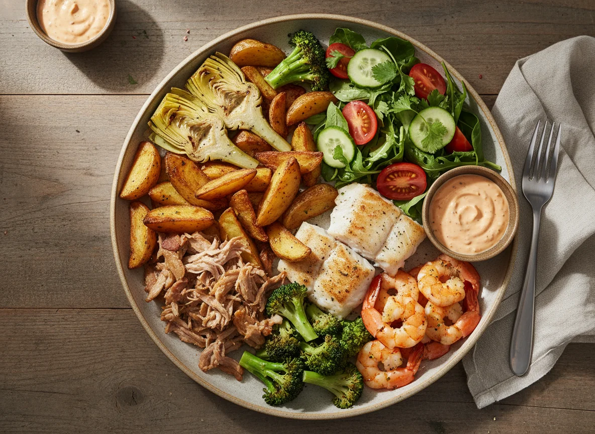 Ассорти из мяса, рыбы и овощей с картофелем photo