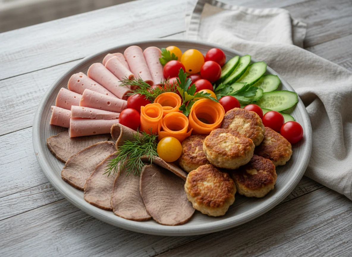 Ассорти из мясных закусок с овощами photo
