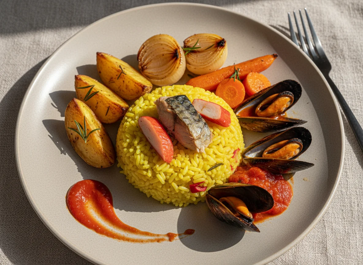 Ассорти из морепродуктов и овощей с рисом photo