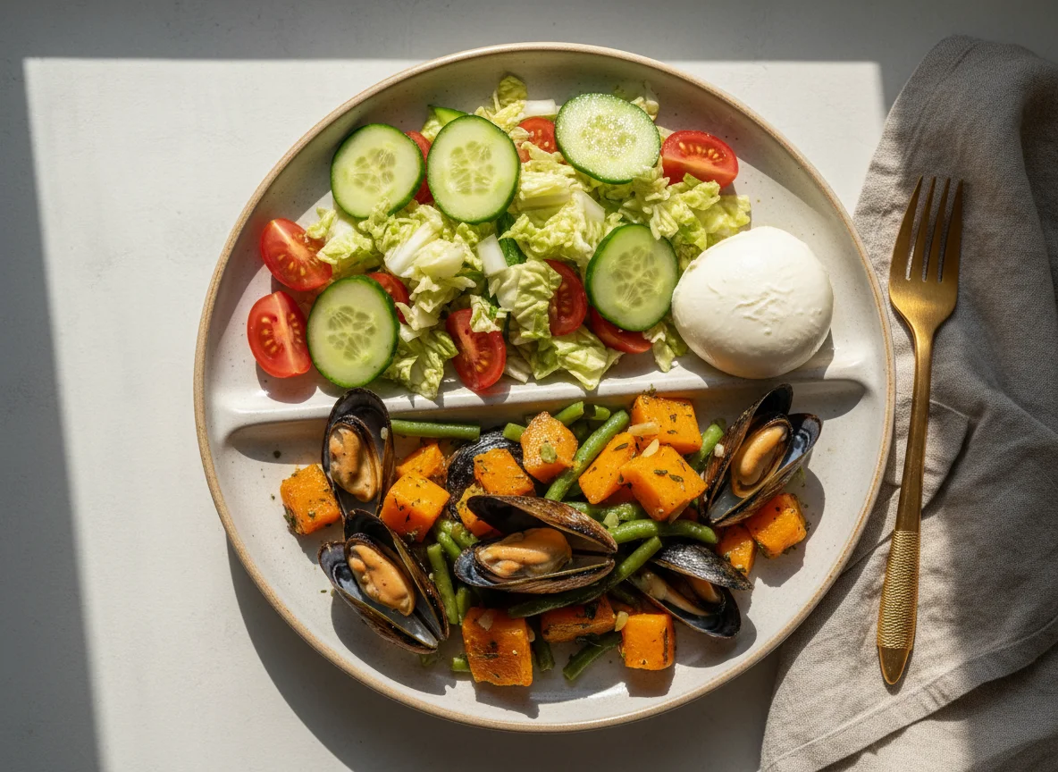 Ассорти из морепродуктов, овощного салата и тушеных овощей photo