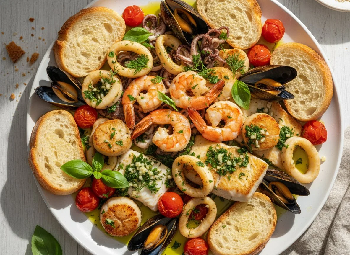 Ассорти из морепродуктов с хлебом photo