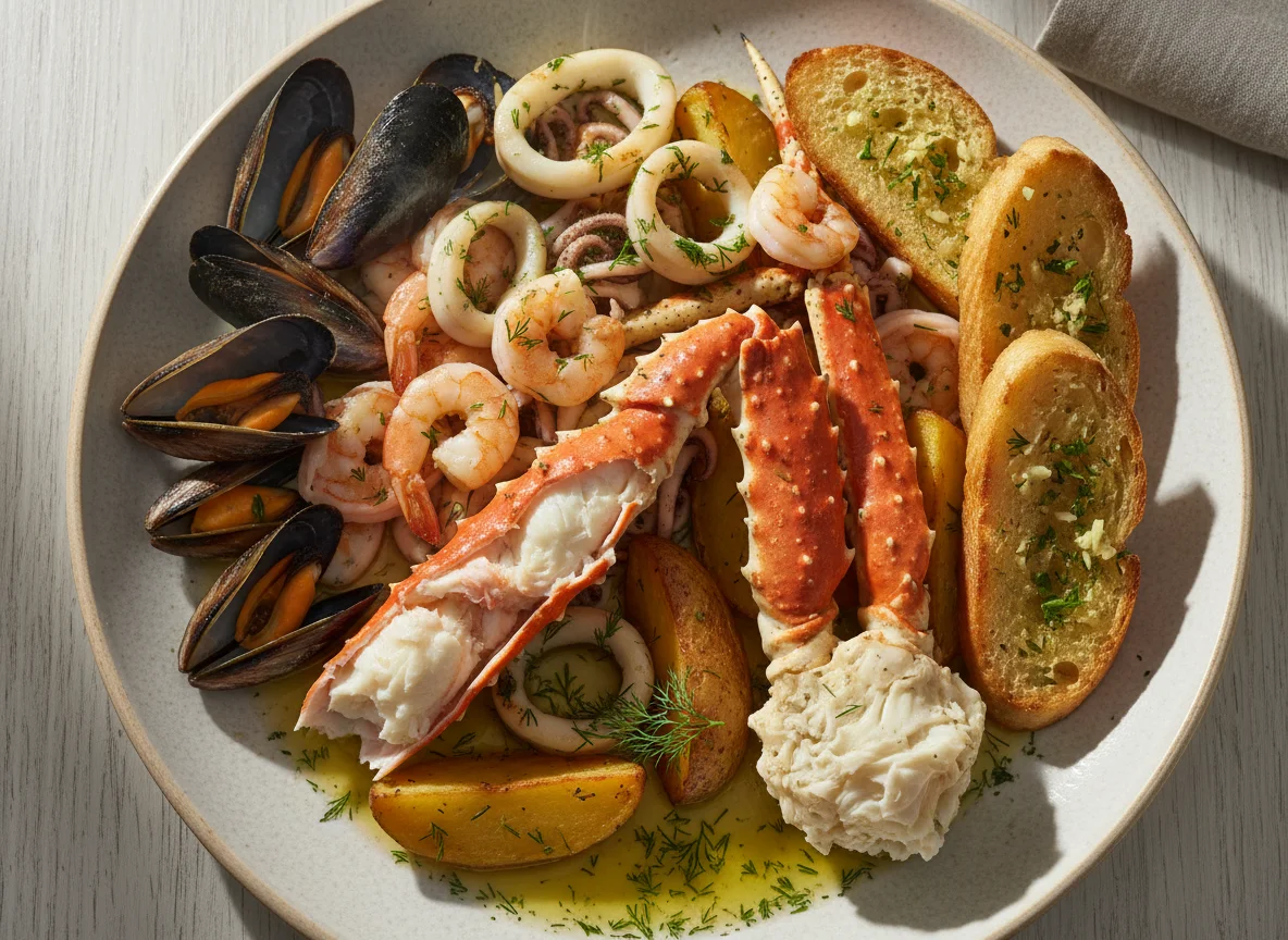 Ассорти из морепродуктов с картофелем и соусом photo