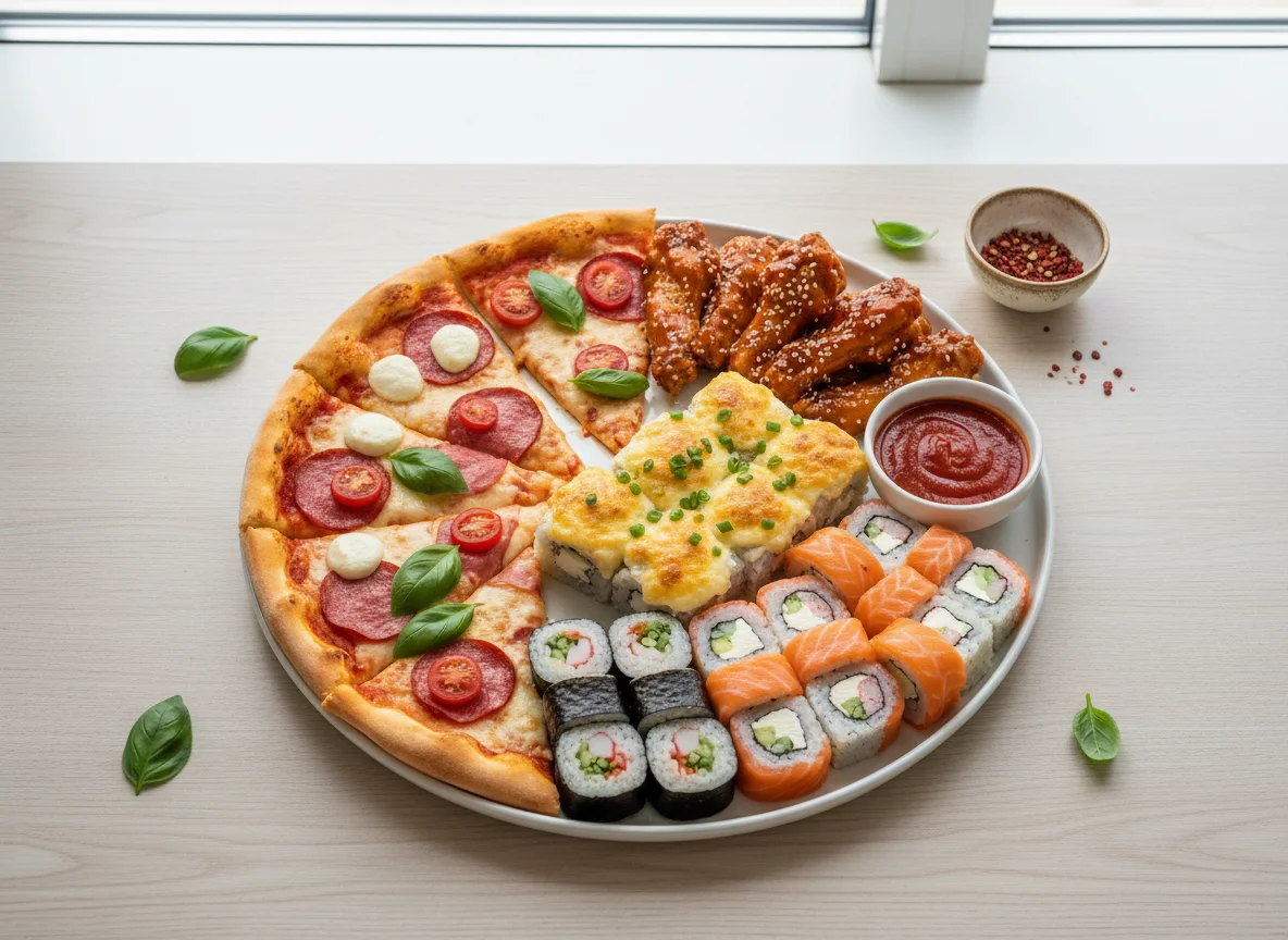 Ассорти из пиццы, куриных крылышек и роллов photo