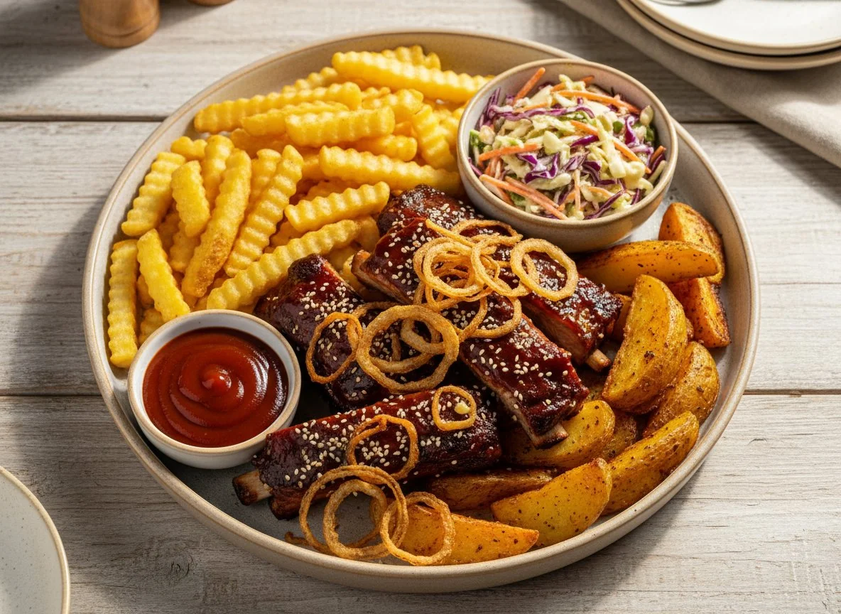 Ассорти из рёбер с картофелем фри и гарнирами photo