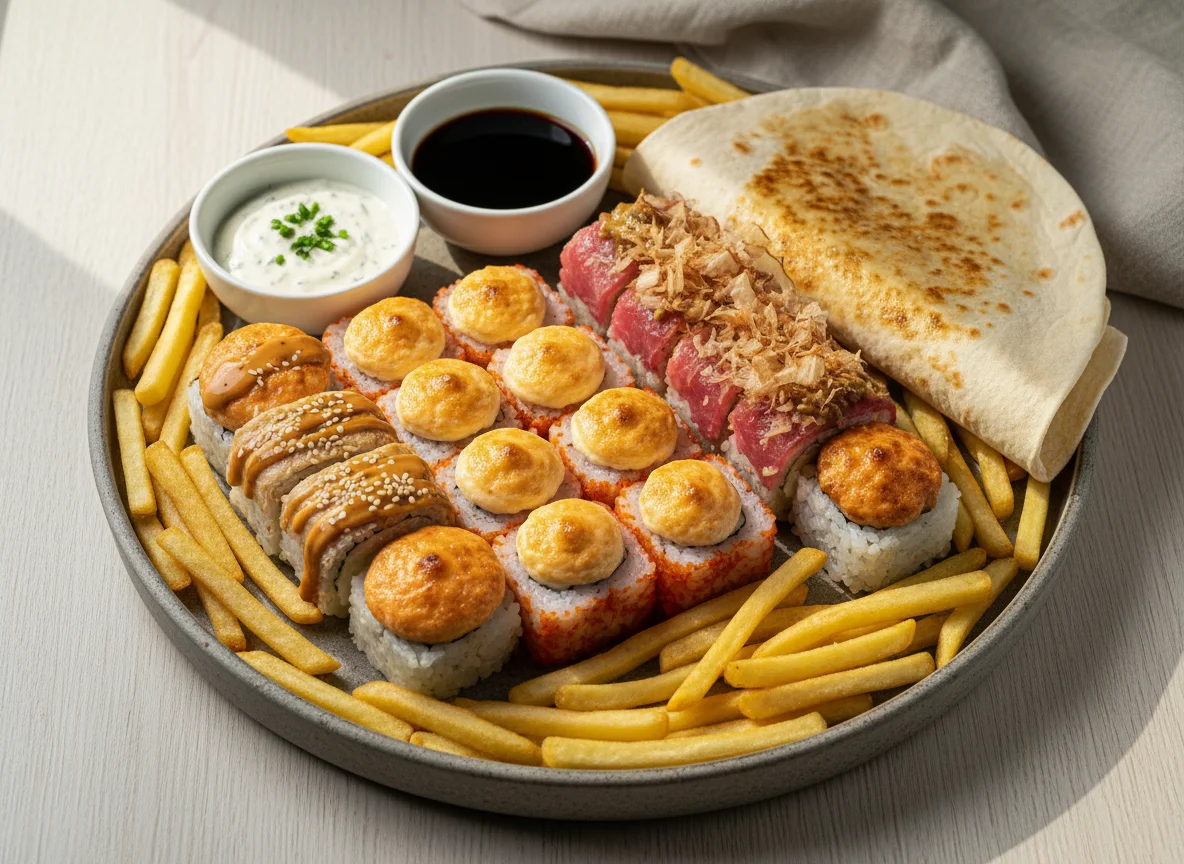 Ассорти из роллов и лаваша с картофелем фри photo