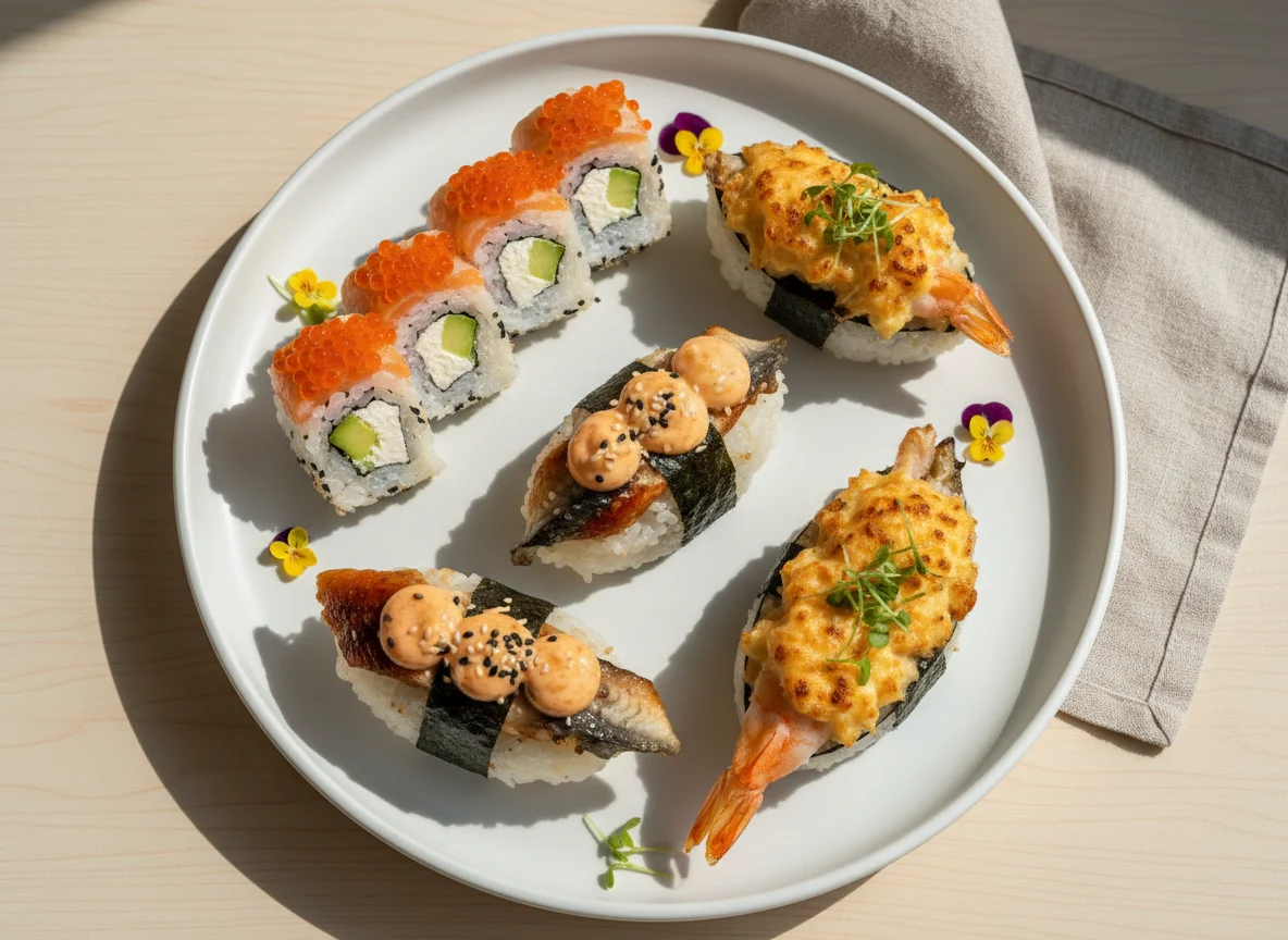 Ассорти из роллов и запеченных суши photo