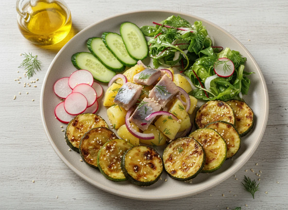 Ассорти из салатов с сельдью и картофелем photo