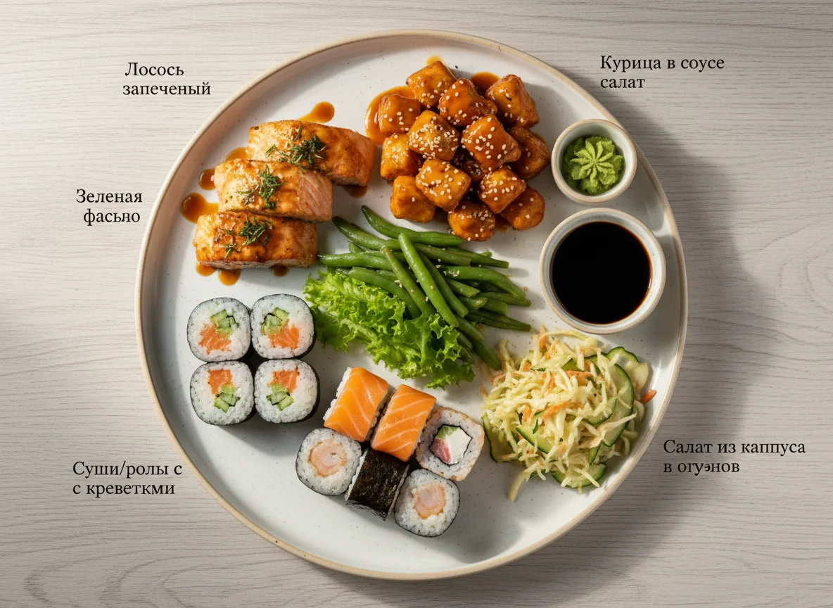 Ассорти из суши, лосося, курицы и овощей photo