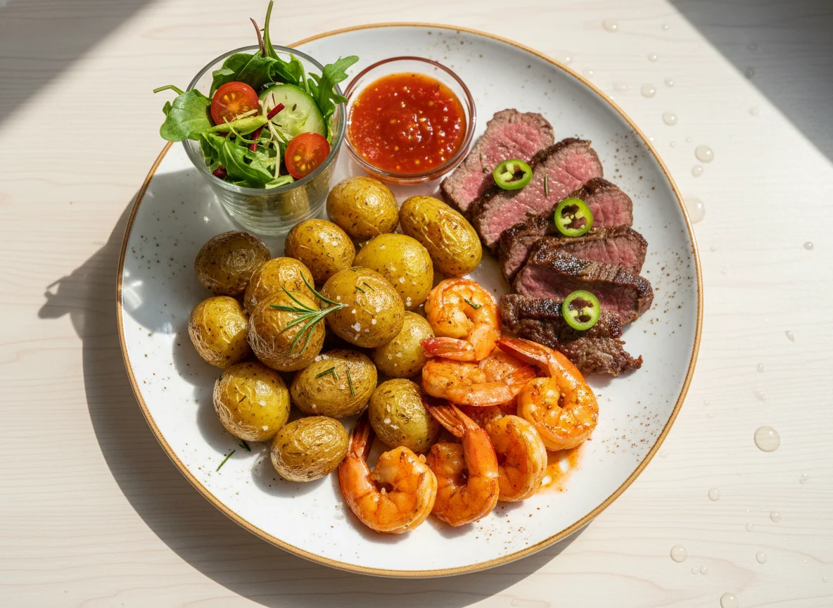 Ассорти из закусок с креветками и картофелем photo