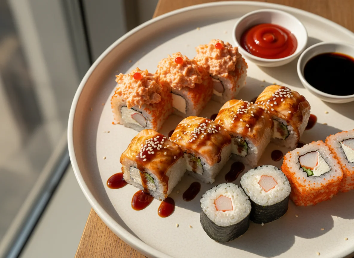 Ассорти из запеченных и классических роллов с соусом photo