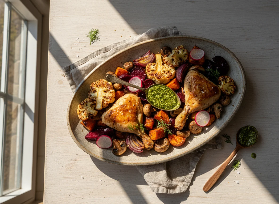 Ассорти из запеченных овощей и курицы photo