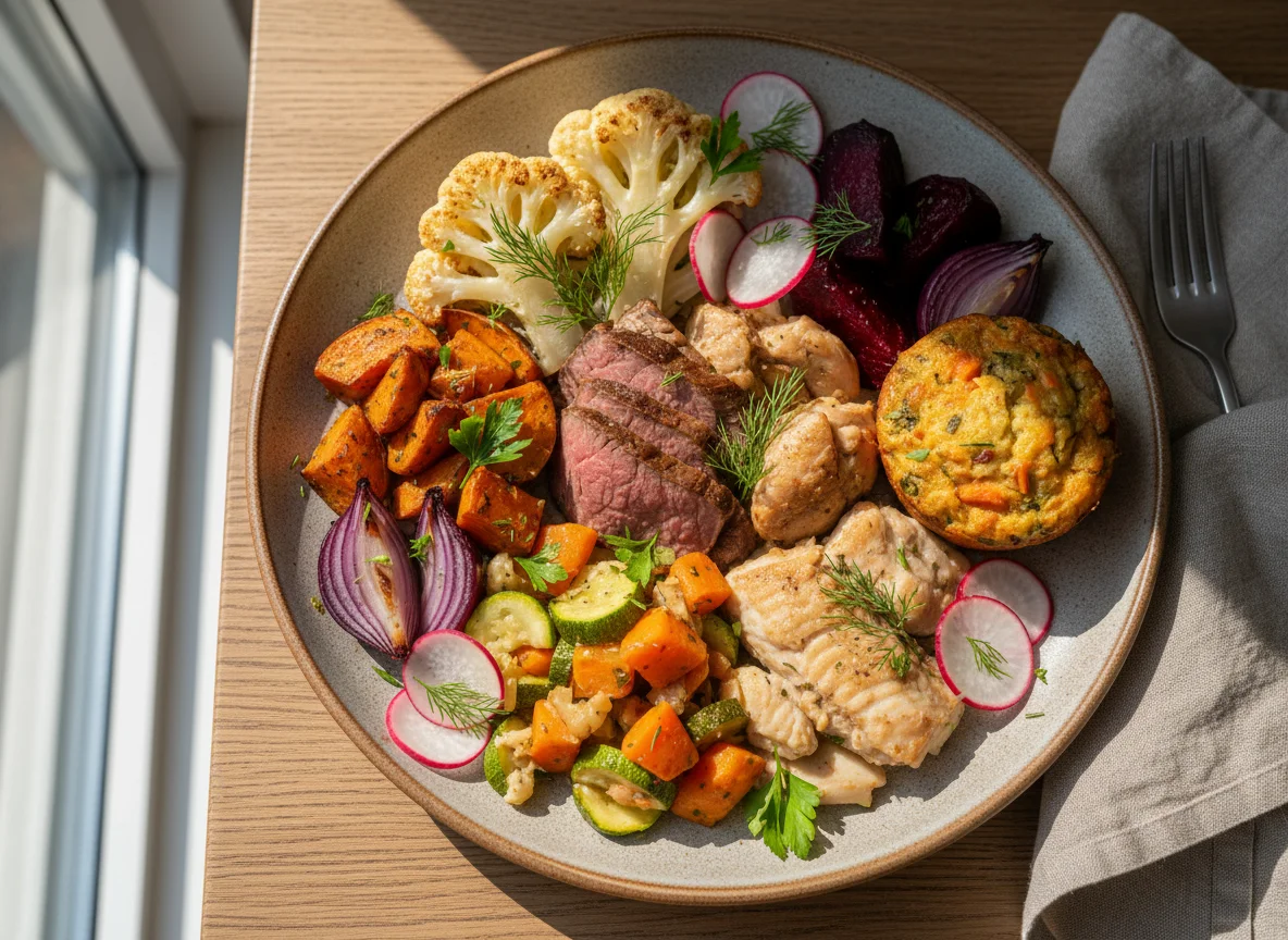 Ассорти из запеченных овощей и мяса с маринованными корнеплодами photo