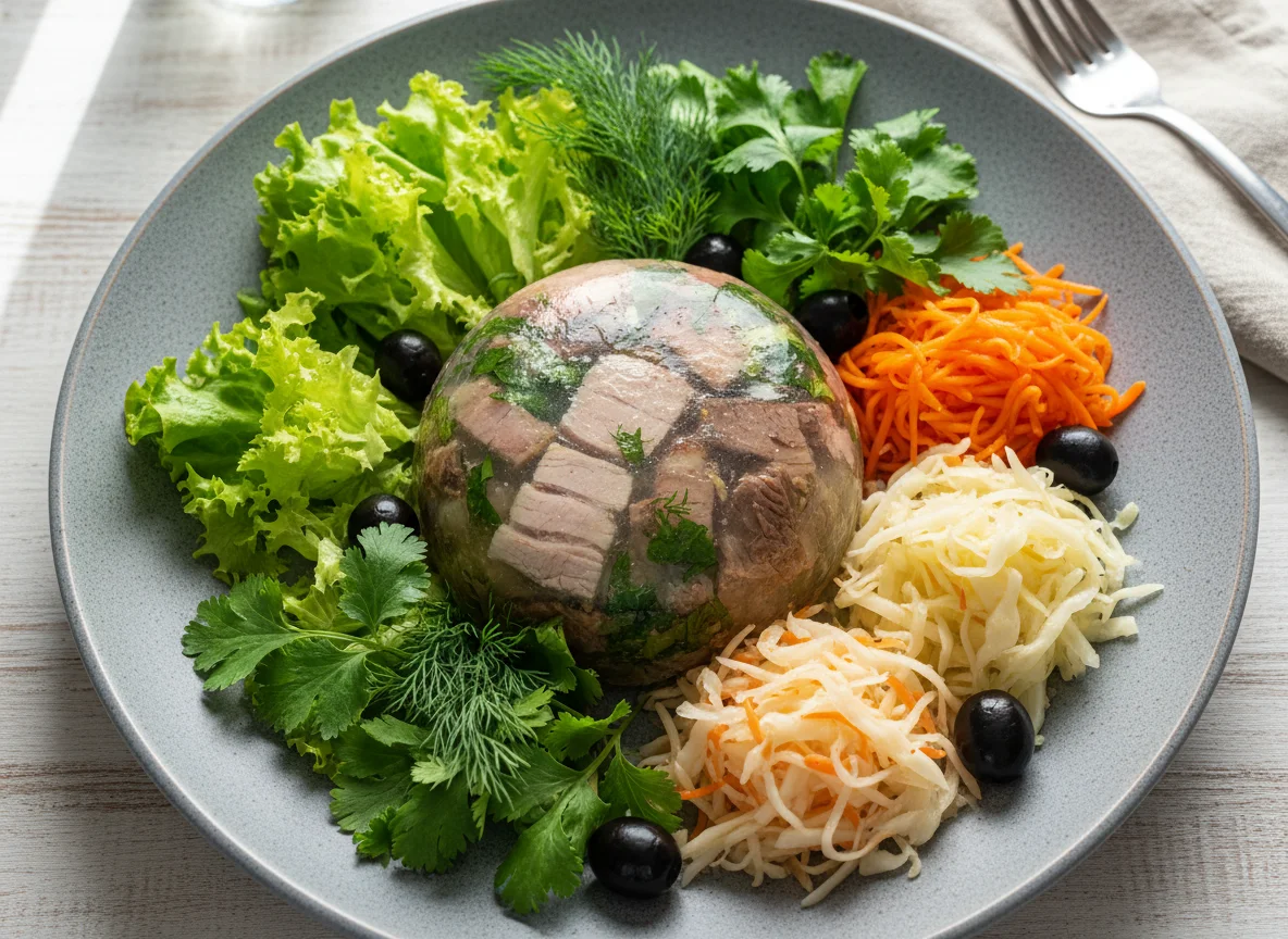 Ассорти из зелени, салата, холодца и маринованных овощей photo