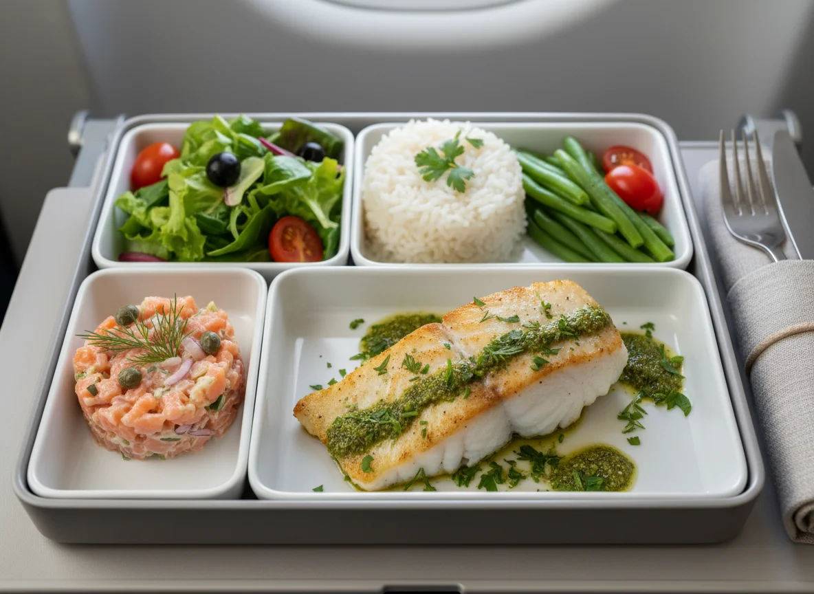 Авиационный обед с рыбой и салатом photo