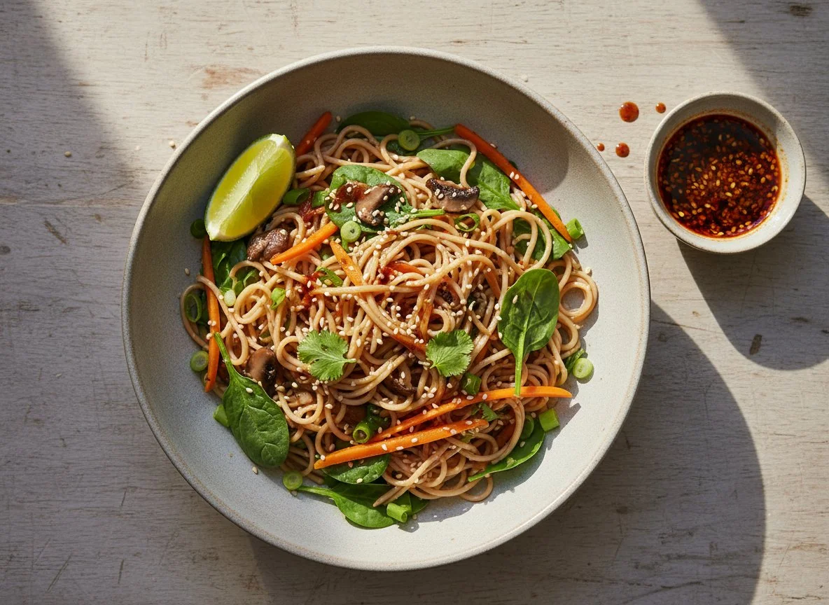 Азиатская лапша с овощами и грибами photo