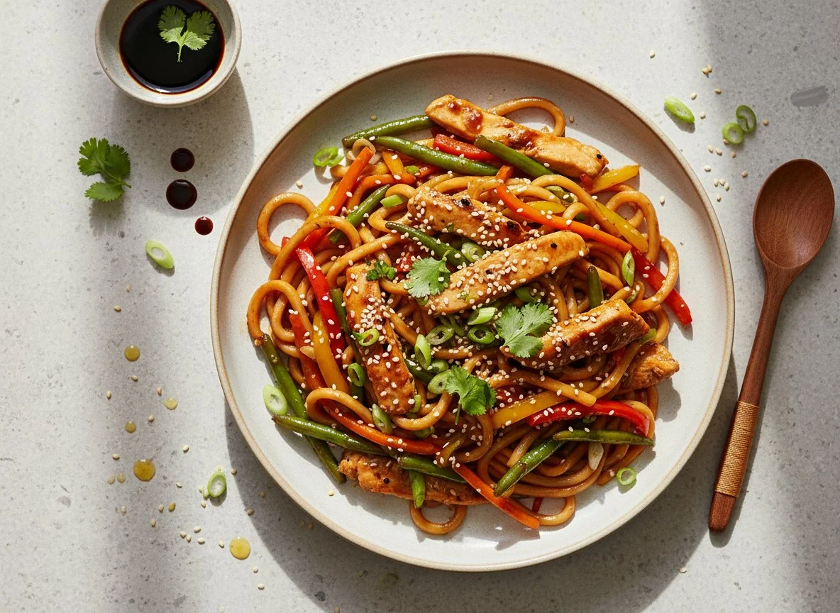 Азиатская лапша с овощами и курицей photo