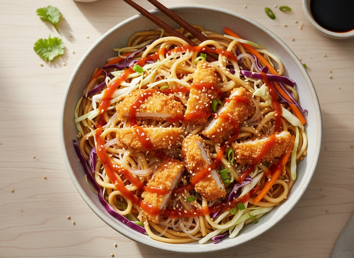 Азиатская лапша с овощами и соусом photo