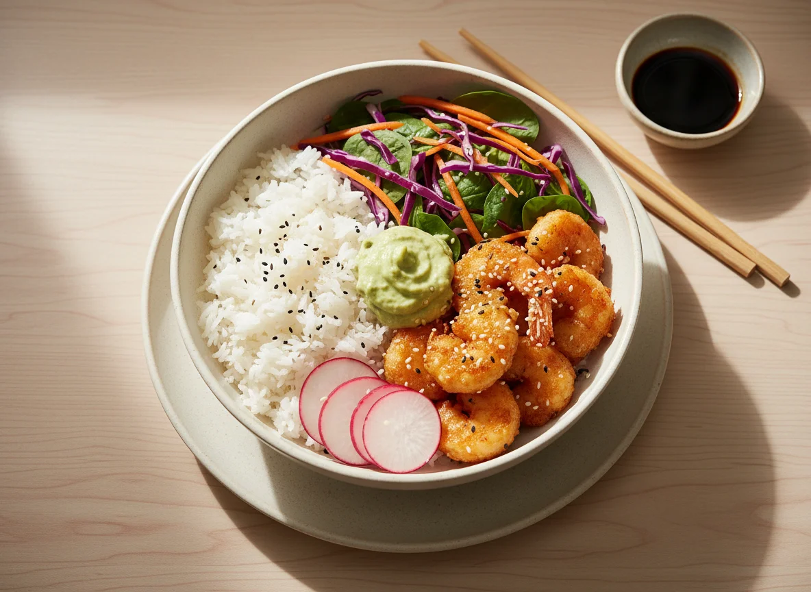 Азиатский боул с жареными креветками и рисом photo