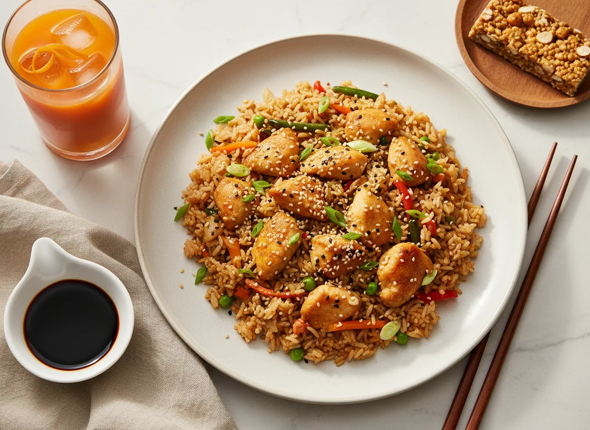 Азиатский обед с десертом и напитком photo