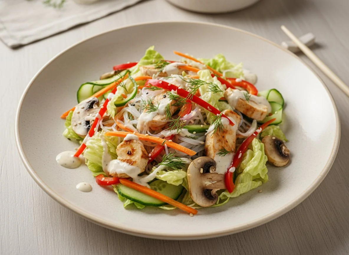 Азиатский салат с фунчозой, курицей и грибами photo