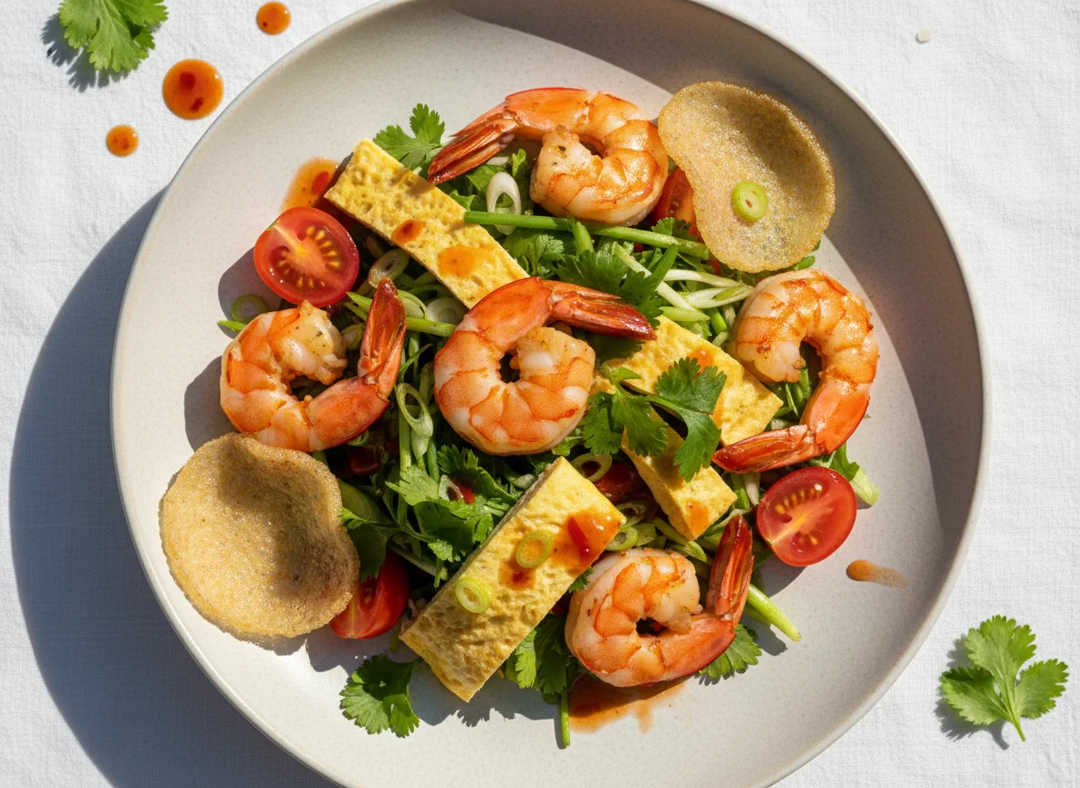 Азиатский салат с креветками и рисовыми чипсами photo