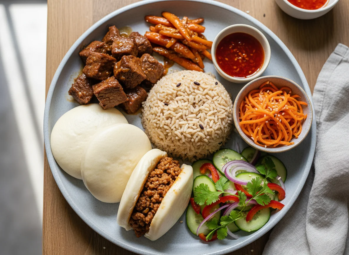 Азиатское ассорти с говядиной и рисом photo