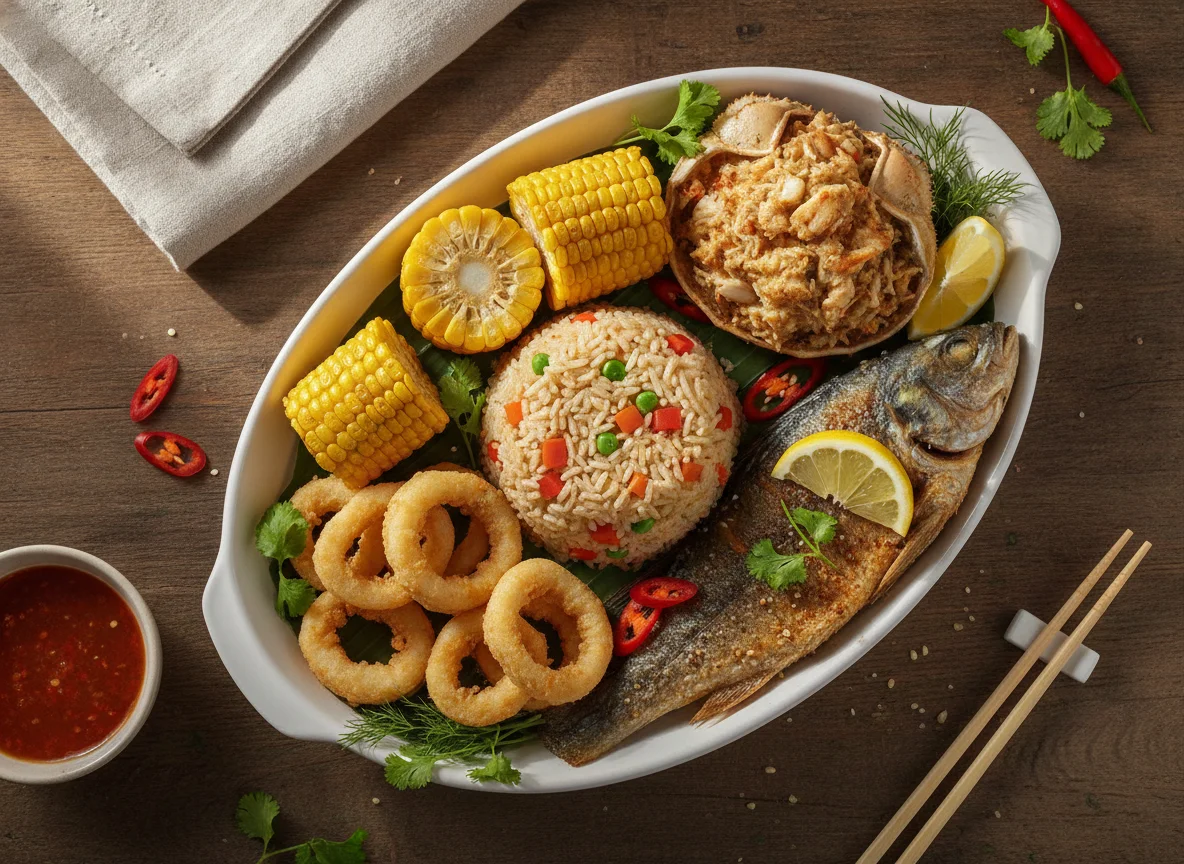 Азиатское ассорти с рисом и морепродуктами photo