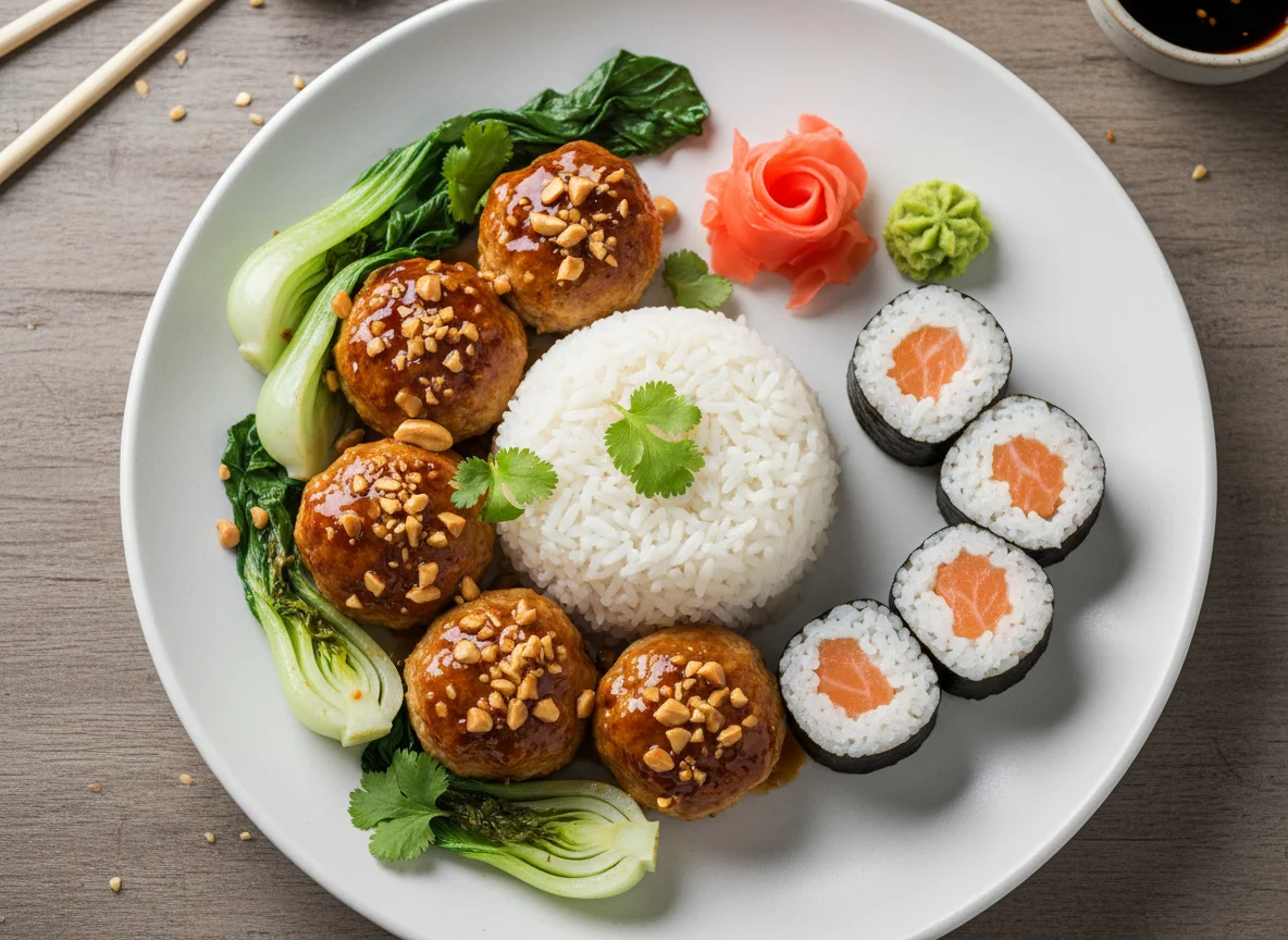 Азиатское блюдо с фрикадельками, рисом и суши photo