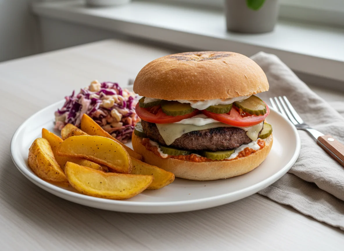 Балканский бургер с картофелем и салатом photo