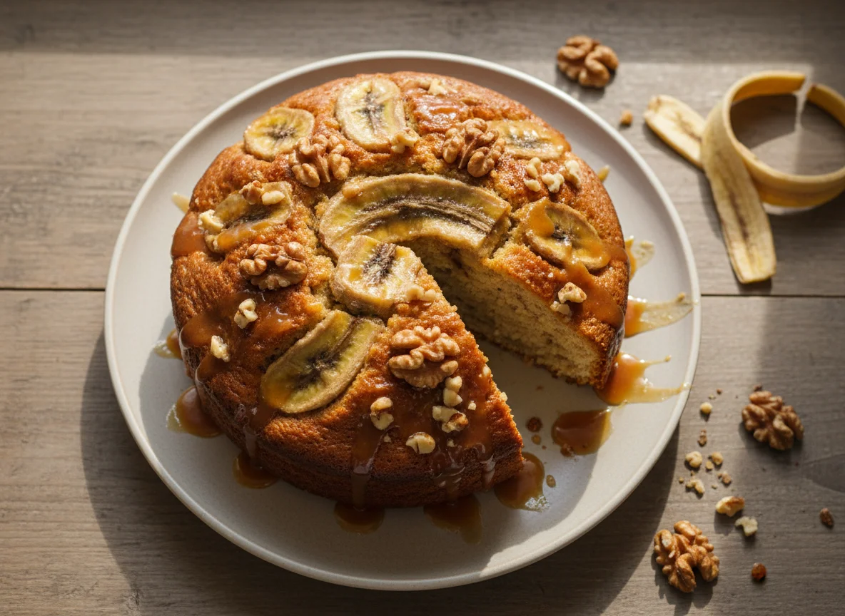 Банановый кекс с карамельной глазурью и грецкими орехами photo