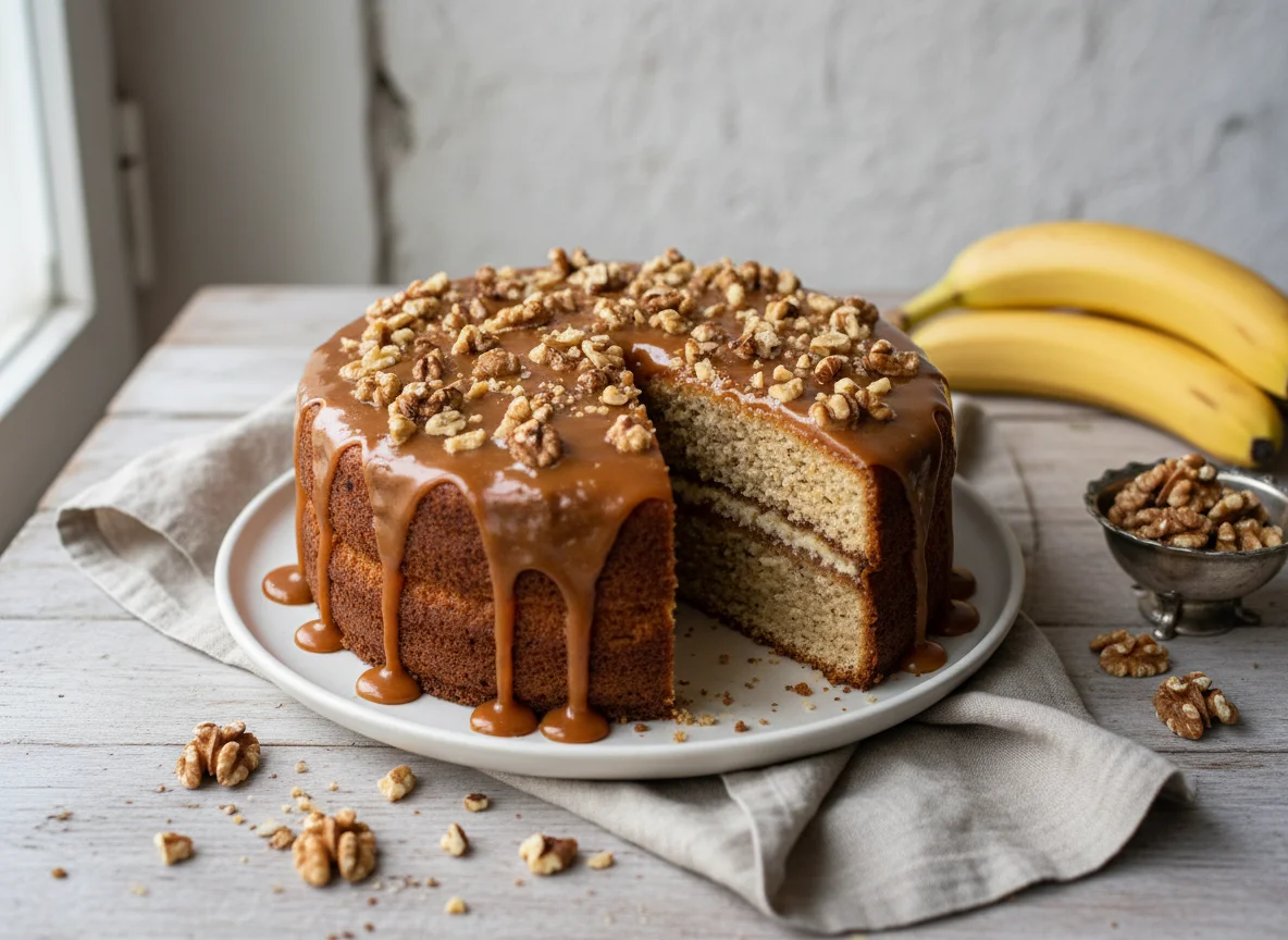 Банановый торт с карамельной глазурью и грецкими орехами photo