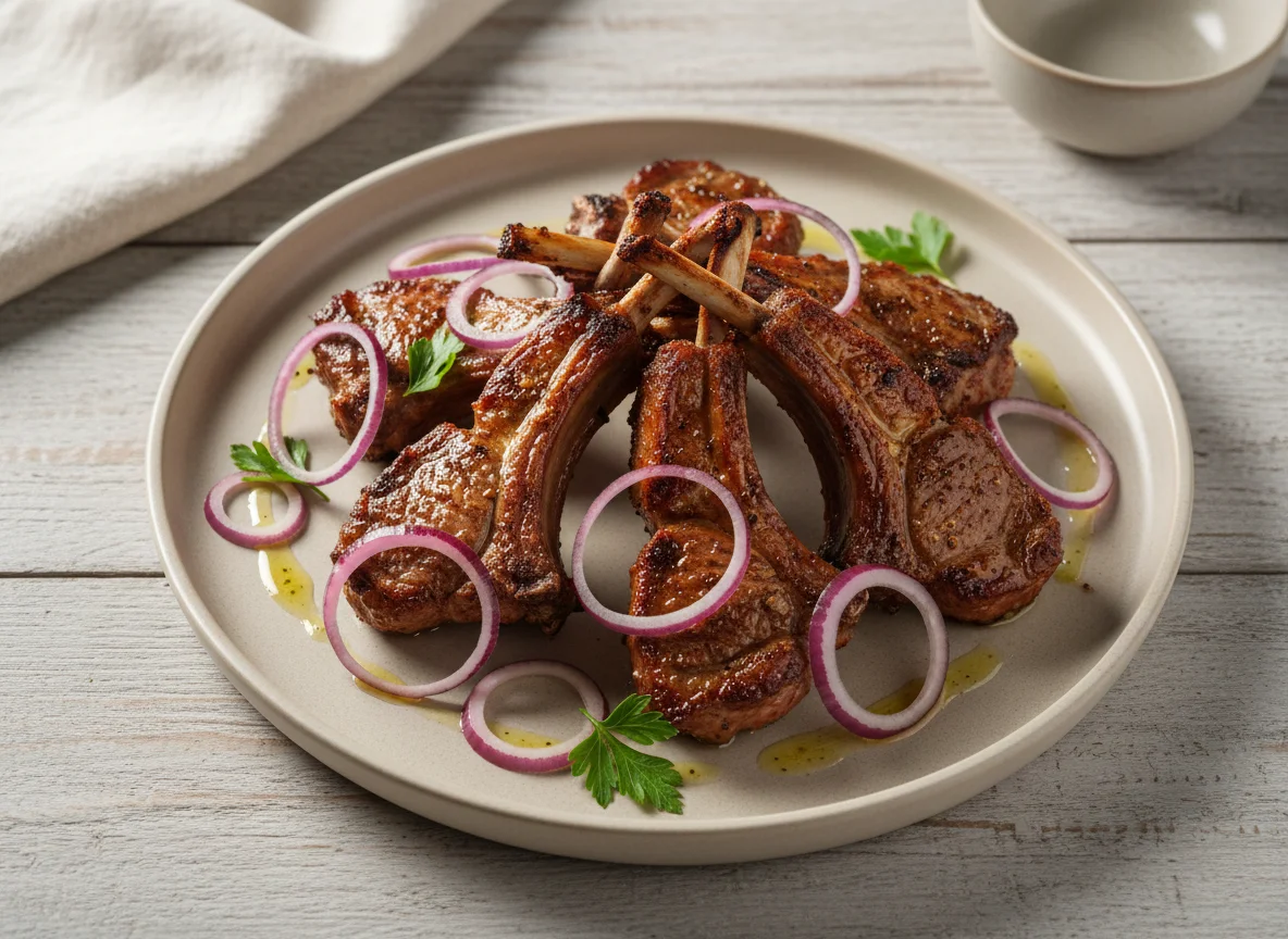 Бараньи ребрышки на гриле с красным луком photo